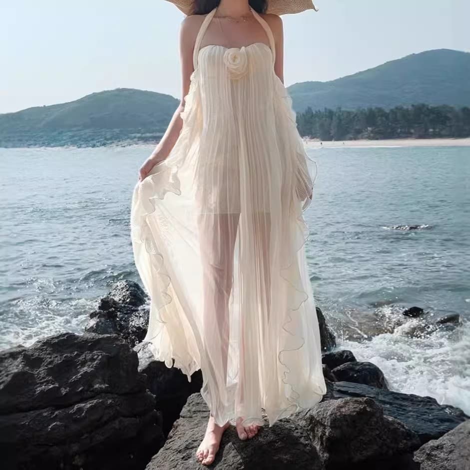 왕 추 물론 같은 단락 생일 데이트 망사 행침 목 튜브탑 백리스 분위기 센스 드레스 이미지 3