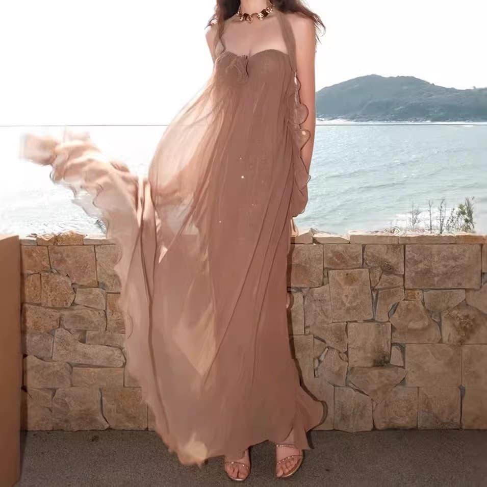 왕 추 물론 같은 단락 생일 데이트 망사 행침 목 튜브탑 백리스 분위기 센스 드레스 상세 이미지 15