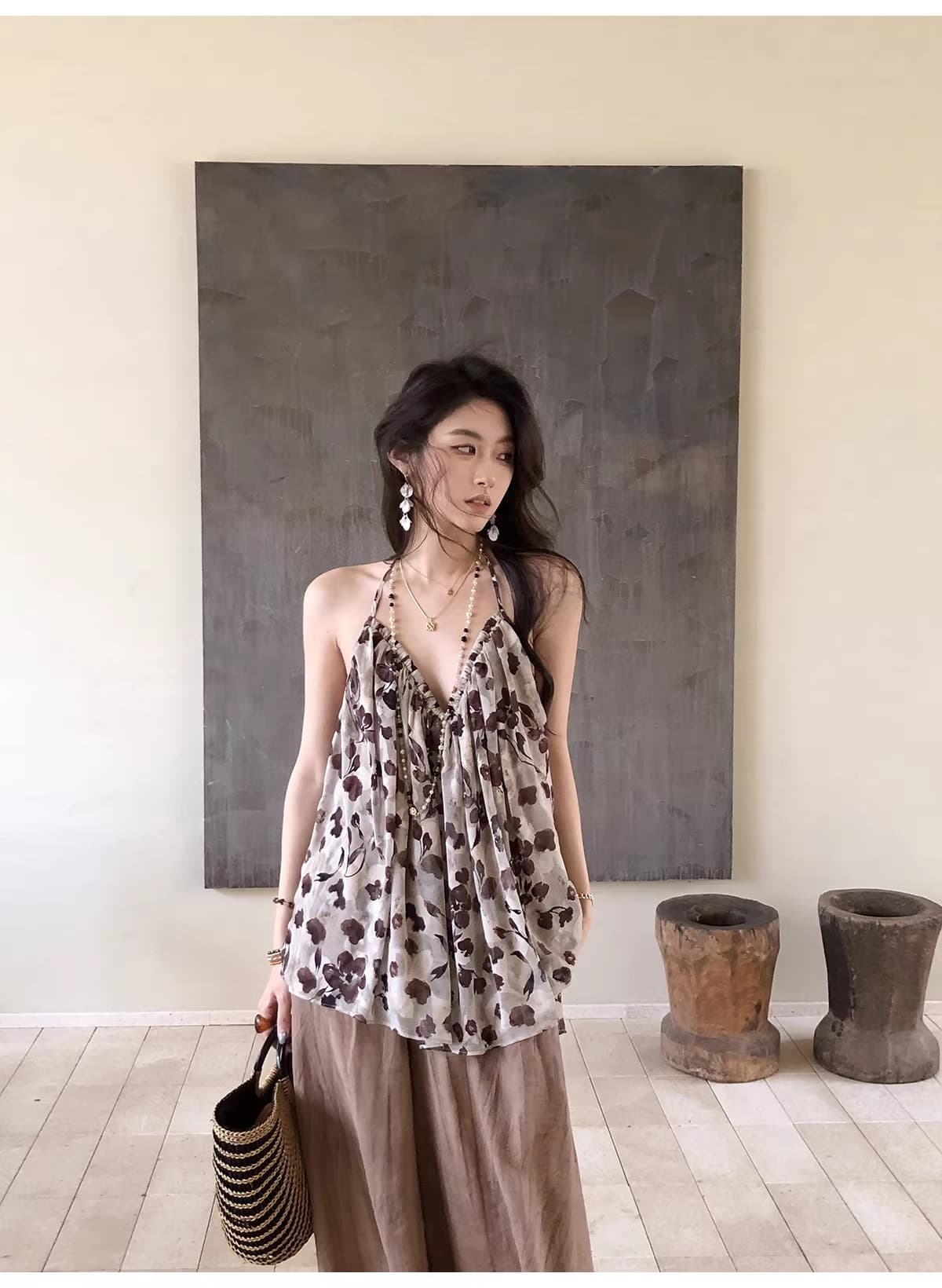 펌프 Pleat Tulle 레트로 꽃무늬 순수한 욕망 슬립 V넥 맨위 도루 가을 센스 루즈핏 한 마디 몸매 가꾸기 티셔츠 이미지 2