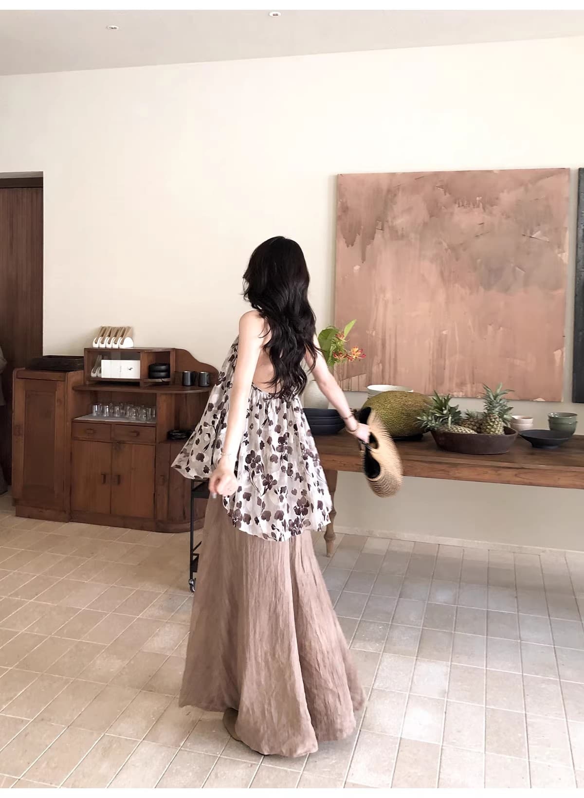 펌프 Pleat Tulle 레트로 꽃무늬 순수한 욕망 슬립 V넥 맨위 도루 가을 센스 루즈핏 한 마디 몸매 가꾸기 티셔츠 상세 이미지 12
