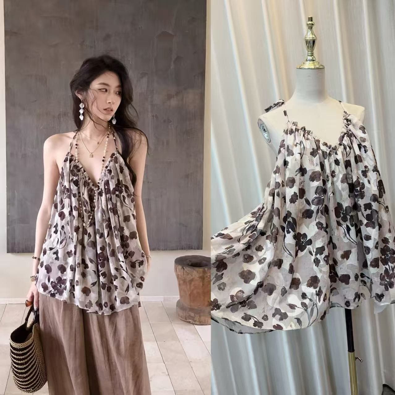 펌프 Pleat Tulle 레트로 꽃무늬 순수한 욕망 슬립 V넥 맨위 도루 가을 센스 루즈핏 한 마디 몸매 가꾸기 티셔츠 상세 이미지 1