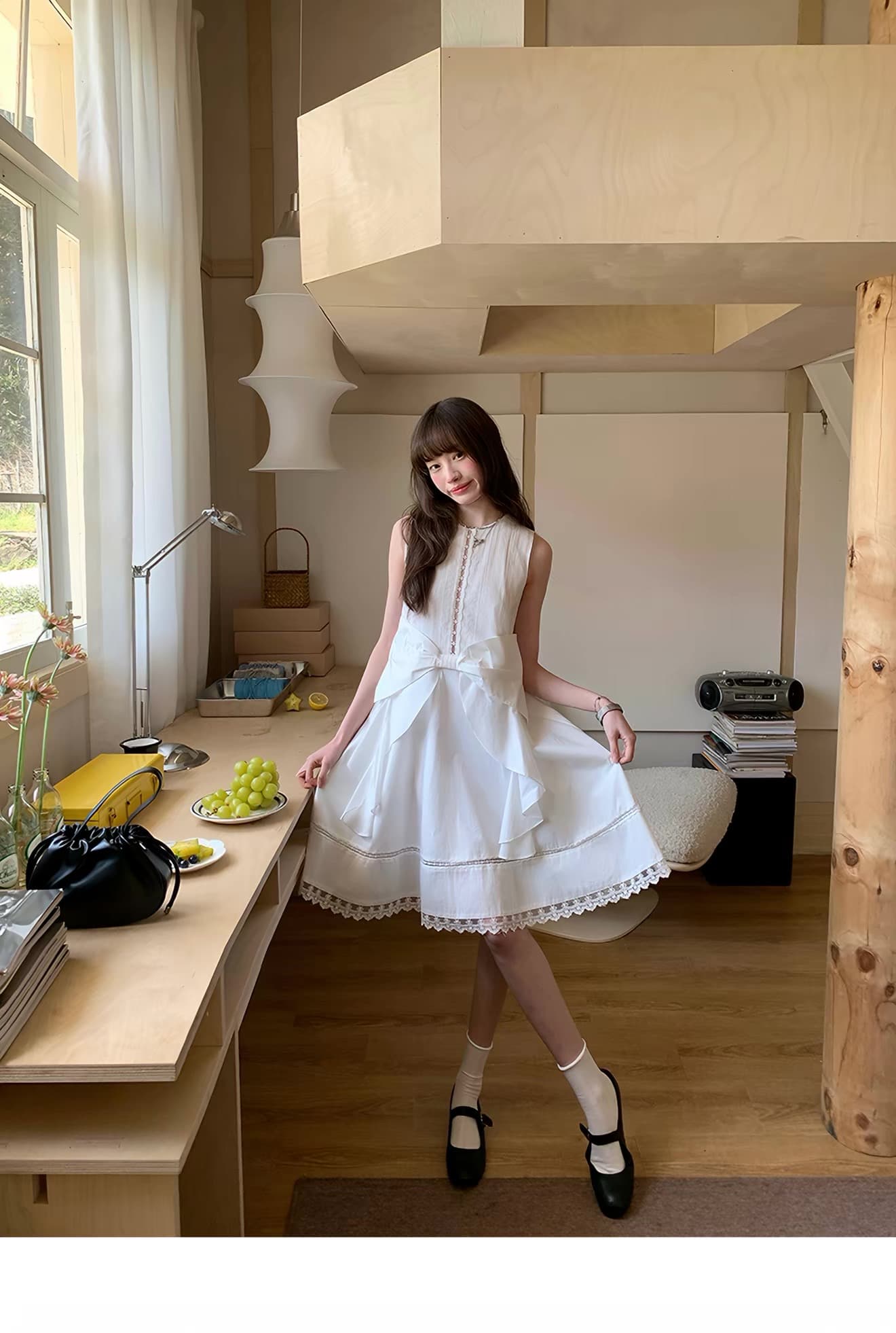 다우 시시 주간 작은 대중 고유 한 나비 매듭 귀여운 치마 여름 몸매 가꾸기 달콤함 첫사랑 고급 화이트 여성 드레스 상세 이미지 2