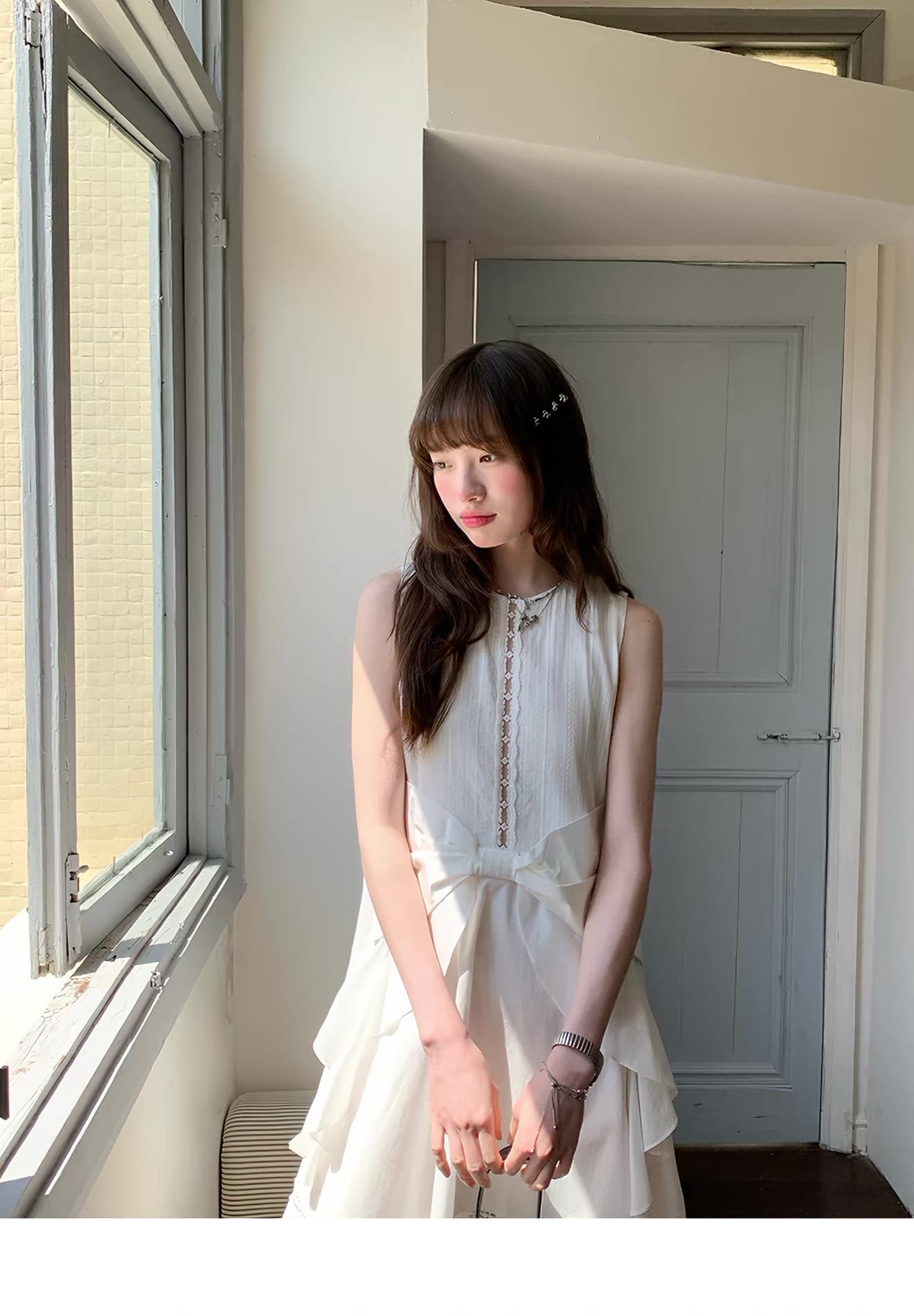 다우 시시 주간 작은 대중 고유 한 나비 매듭 귀여운 치마 여름 몸매 가꾸기 달콤함 첫사랑 고급 화이트 여성 드레스 상세 이미지 5