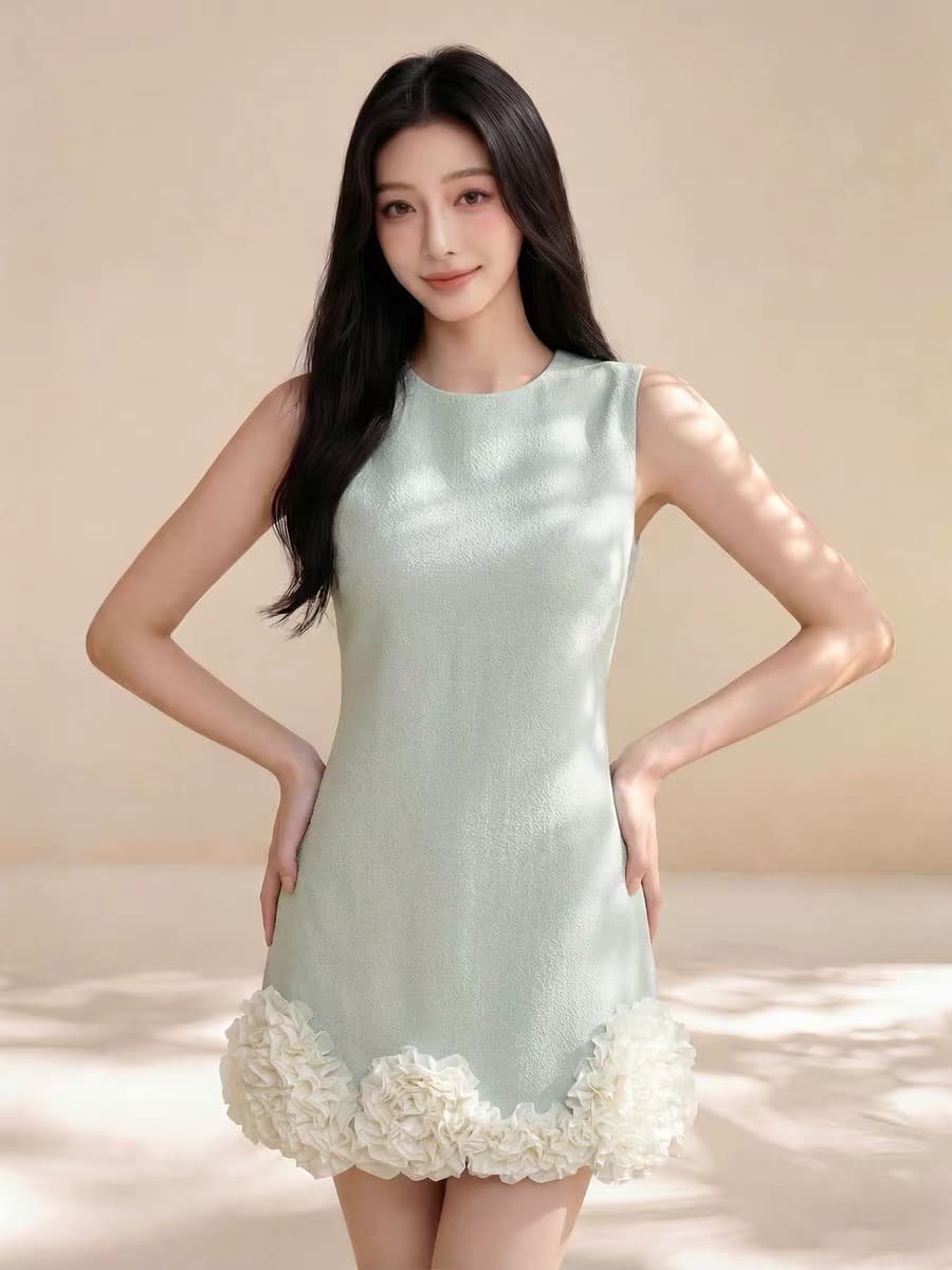 여름 상쾌 통기성 디자인 센스 패치워크 불규칙 밑단 중간 길이 스트레이트 슬림해 보이는 드레스 이미지 3