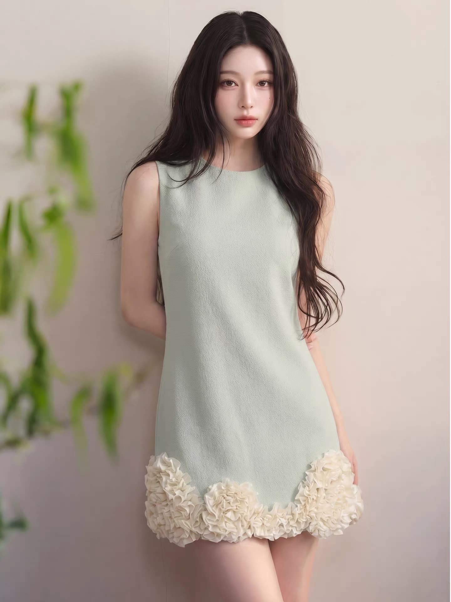 여름 상쾌 통기성 디자인 센스 패치워크 불규칙 밑단 중간 길이 스트레이트 슬림해 보이는 드레스 이미지 4