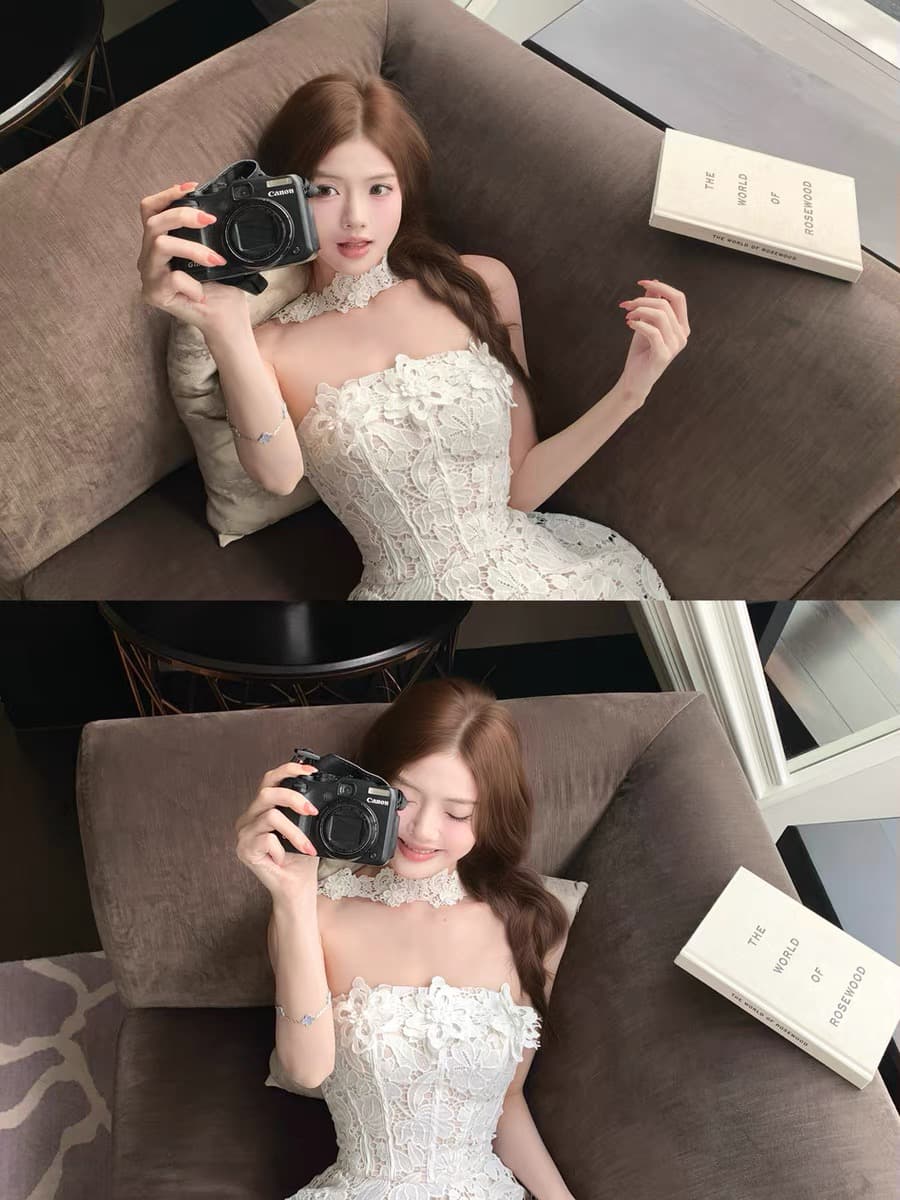 kubiliv ~보다 에프 이익 소녀 화이트 레이스 행침 목 민소매 드레스 허리 수축 슬림해 보이는 A라인 스커트 상세 이미지 9