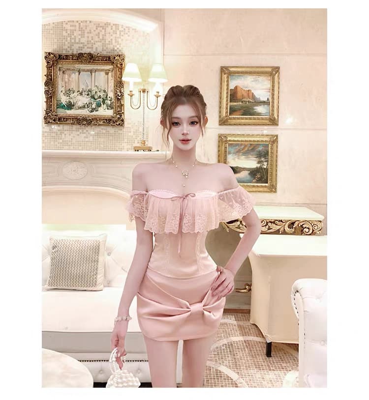 doll 센스 천 골드 여름 고급 순수한 욕망 슬림해 보이는 오프숄더 맨위 반 스커트 세트 상세 이미지 1