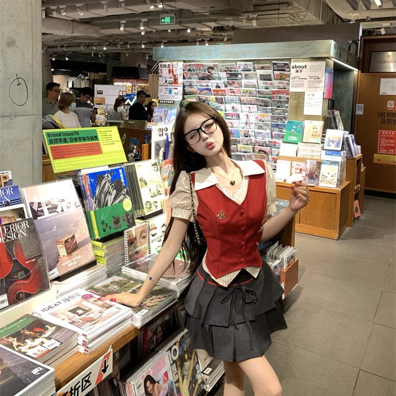 실사 정가 와일드 로즈 연인 페이크 레이어드 베스트 셔츠 이중층 플리츠 스커트 반신 스커트 투피스 세트 세트 이미지 2
