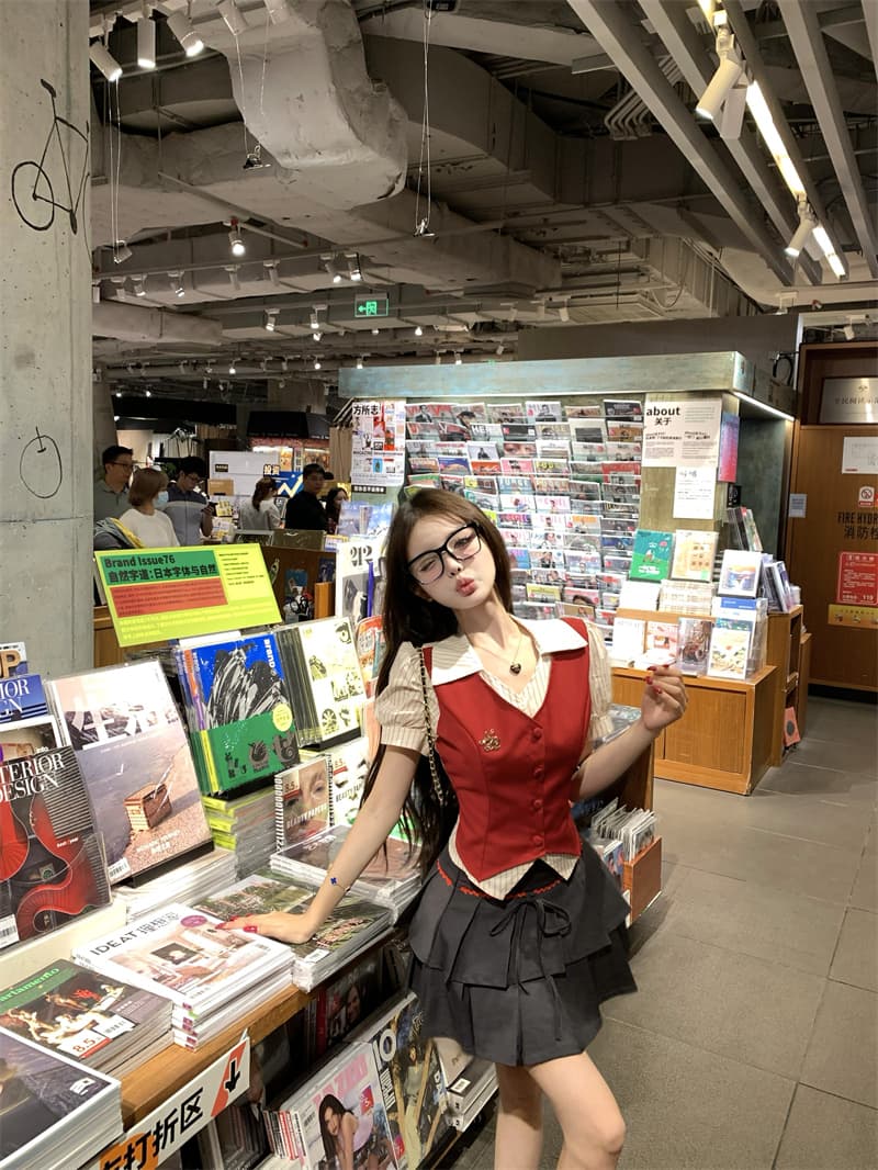 실사 정가 와일드 로즈 연인 페이크 레이어드 베스트 셔츠 이중층 플리츠 스커트 반신 스커트 투피스 세트 세트 상세 이미지 2