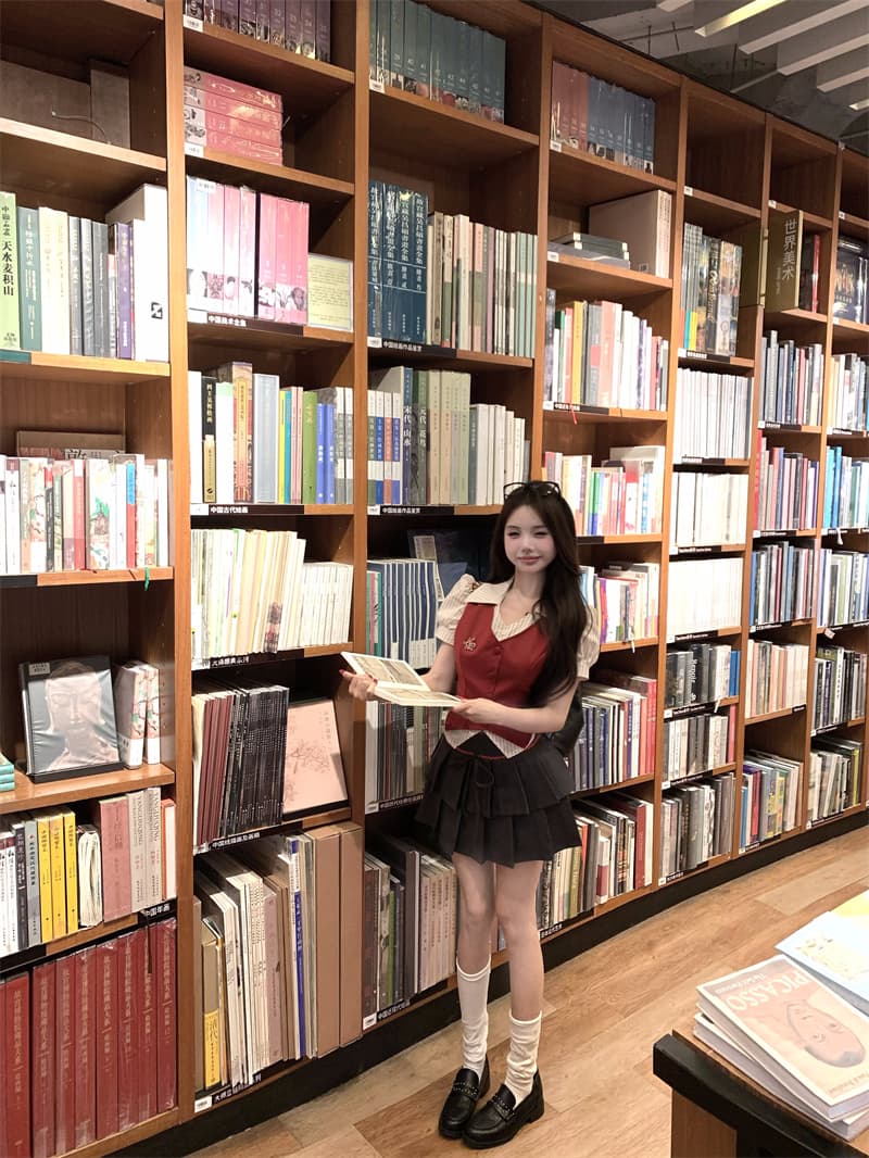 실사 정가 와일드 로즈 연인 페이크 레이어드 베스트 셔츠 이중층 플리츠 스커트 반신 스커트 투피스 세트 세트 상세 이미지 5