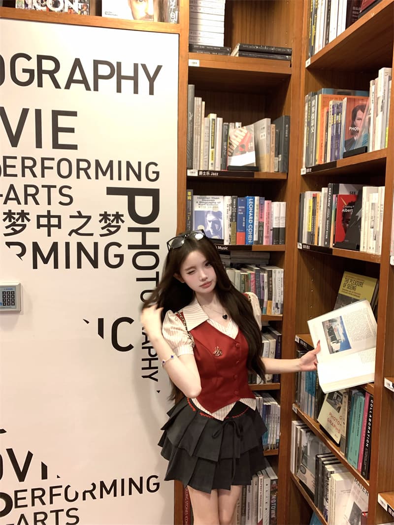 실사 정가 와일드 로즈 연인 페이크 레이어드 베스트 셔츠 이중층 플리츠 스커트 반신 스커트 투피스 세트 세트 상세 이미지 6