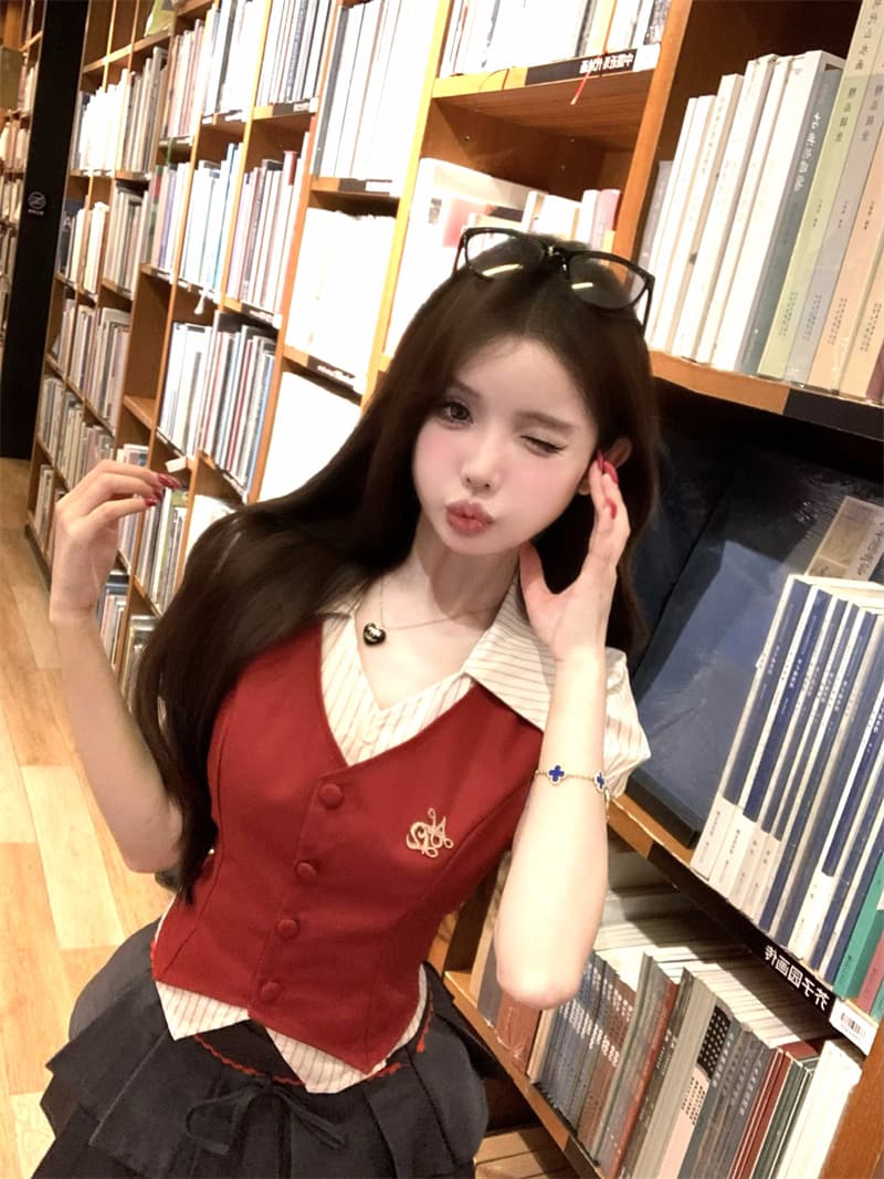 실사 정가 와일드 로즈 연인 페이크 레이어드 베스트 셔츠 이중층 플리츠 스커트 반신 스커트 투피스 세트 세트 상세 이미지 7