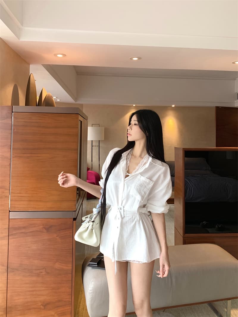 실사 정가 2026 새로운 캐주얼 루즈핏 벨트 폴로 칼라 허리 수축 셔츠