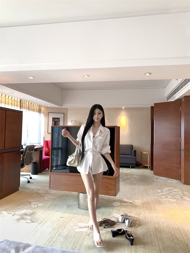 실사 정가 2026 새로운 캐주얼 루즈핏 벨트 폴로 칼라 허리 수축 셔츠 상세 이미지 2