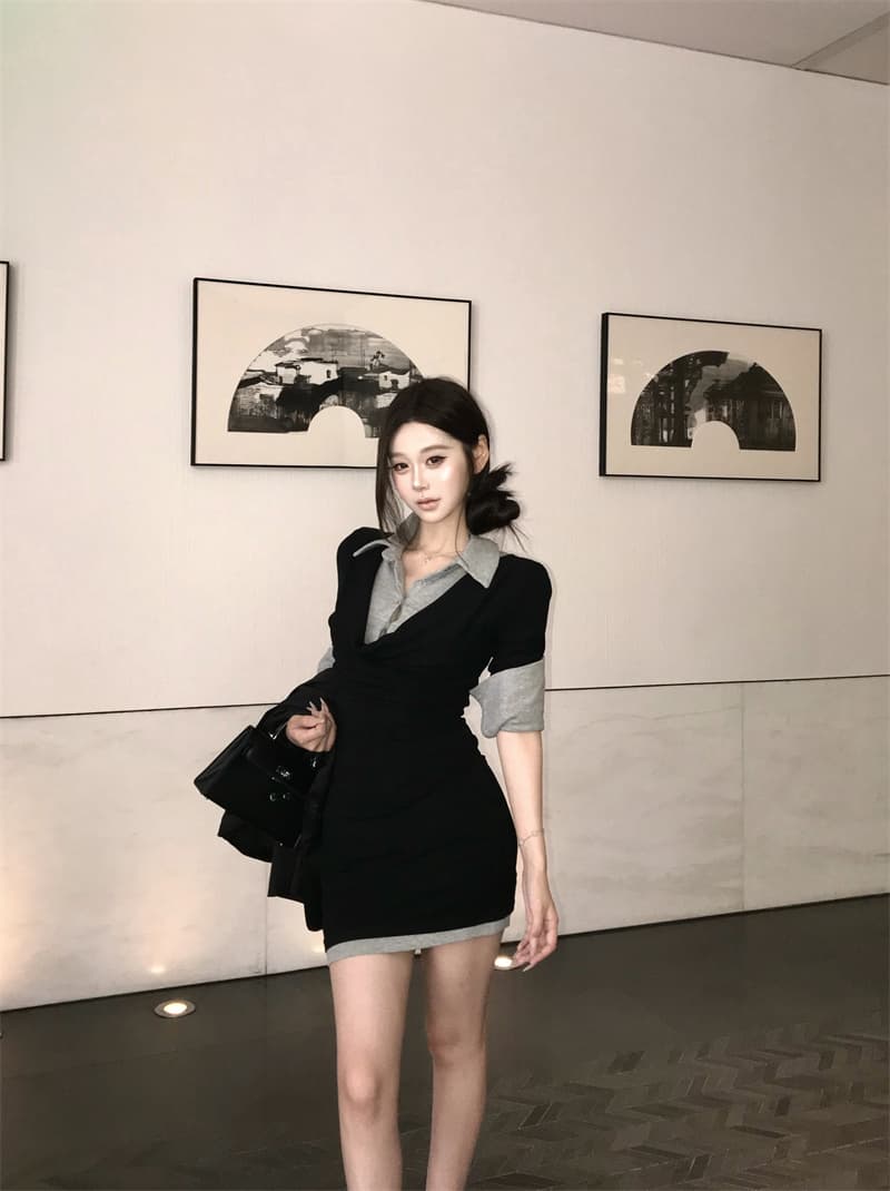 실사 정가 바다 악마의 바람 POLO 칼라 페이크 레이어드 타이트 스커트 흔들다 칼라 패치워크 슬림해 보이는 드레스 상세 이미지 1