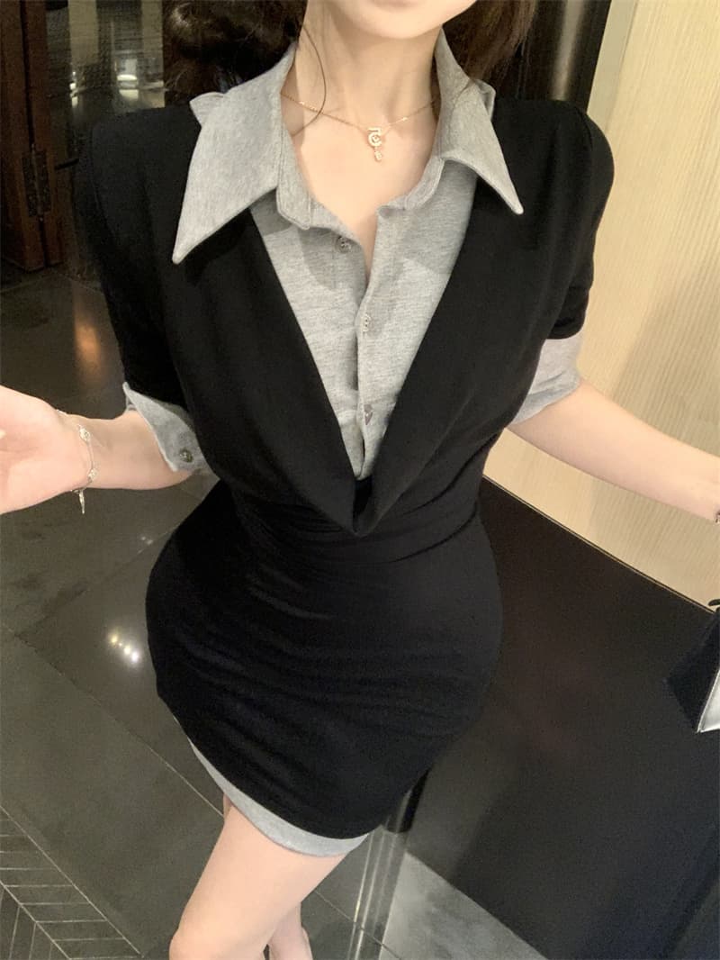 실사 정가 바다 악마의 바람 POLO 칼라 페이크 레이어드 타이트 스커트 흔들다 칼라 패치워크 슬림해 보이는 드레스 상세 이미지 6