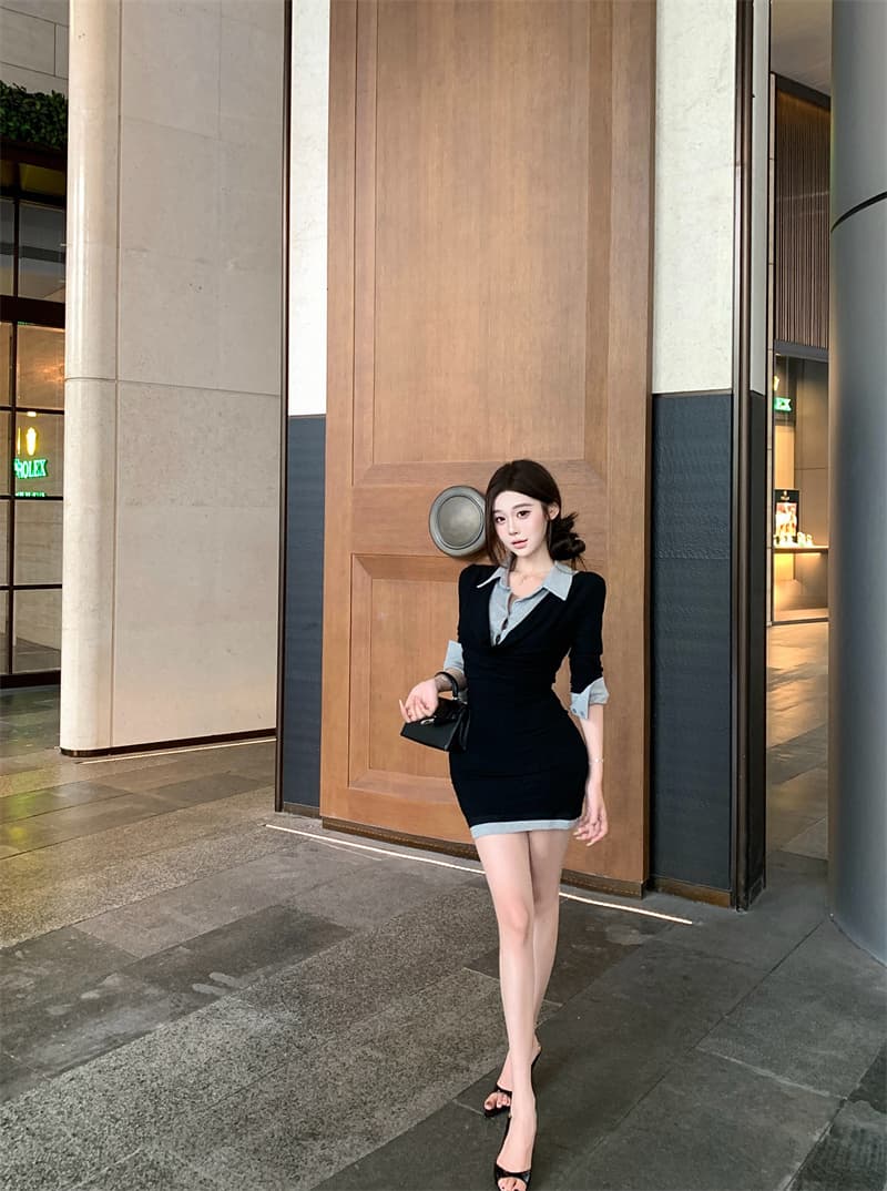 실사 정가 바다 악마의 바람 POLO 칼라 페이크 레이어드 타이트 스커트 흔들다 칼라 패치워크 슬림해 보이는 드레스 상세 이미지 11