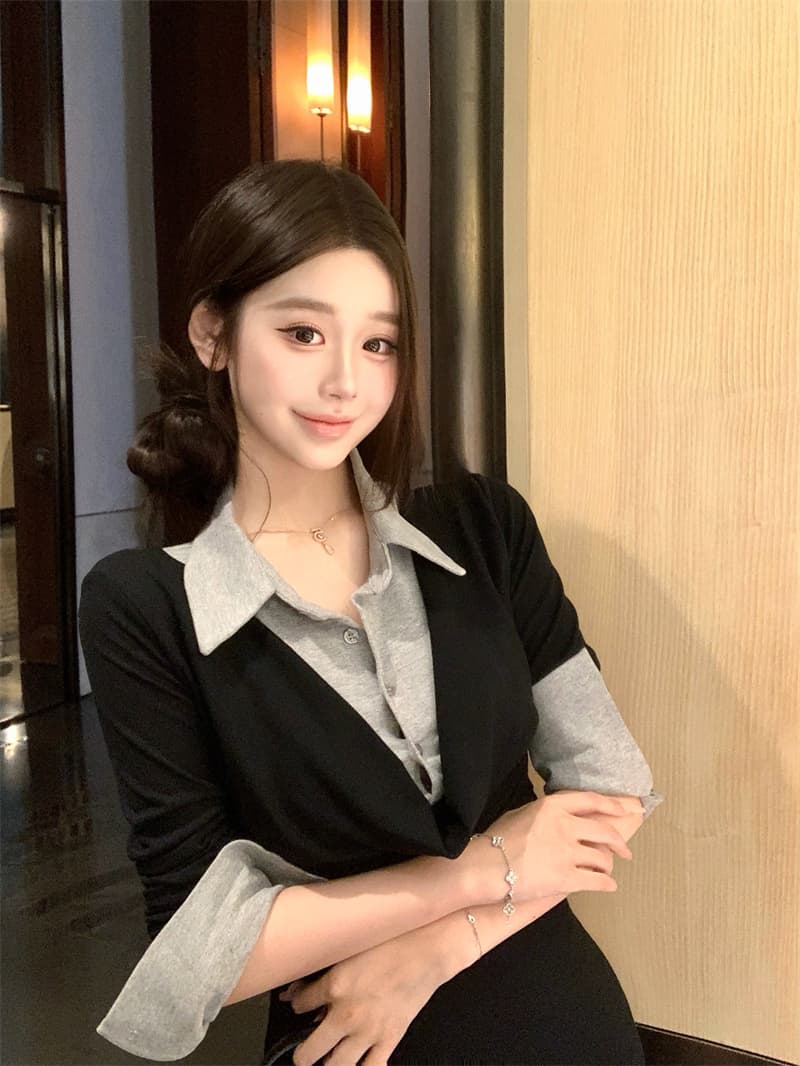 실사 정가 바다 악마의 바람 POLO 칼라 페이크 레이어드 타이트 스커트 흔들다 칼라 패치워크 슬림해 보이는 드레스 상세 이미지 14
