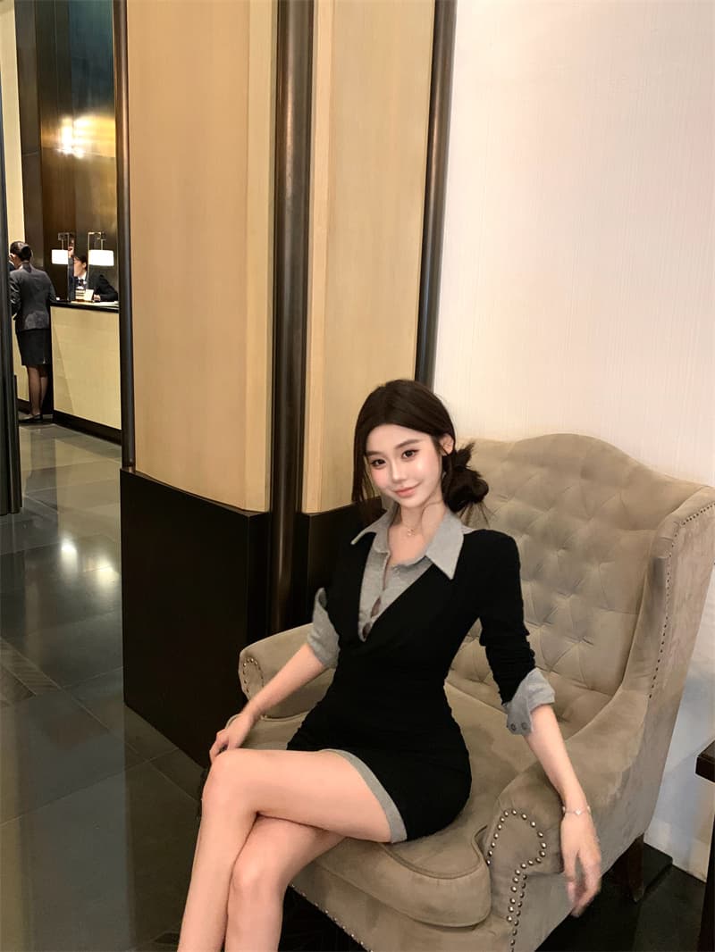 실사 정가 바다 악마의 바람 POLO 칼라 페이크 레이어드 타이트 스커트 흔들다 칼라 패치워크 슬림해 보이는 드레스 상세 이미지 15