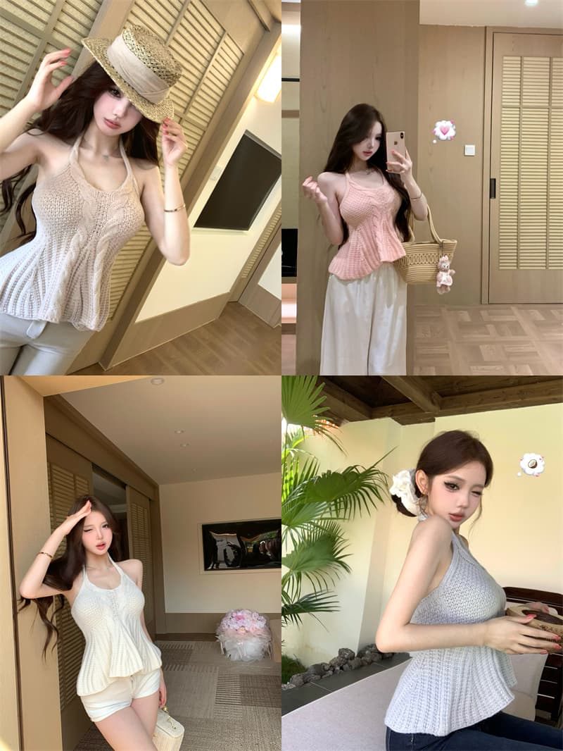 실사 정가 달콤한 핫걸 니트 행침 목 몸매 가꾸기 민소매 백리스 슬립 맨위 여성 상세 이미지 5
