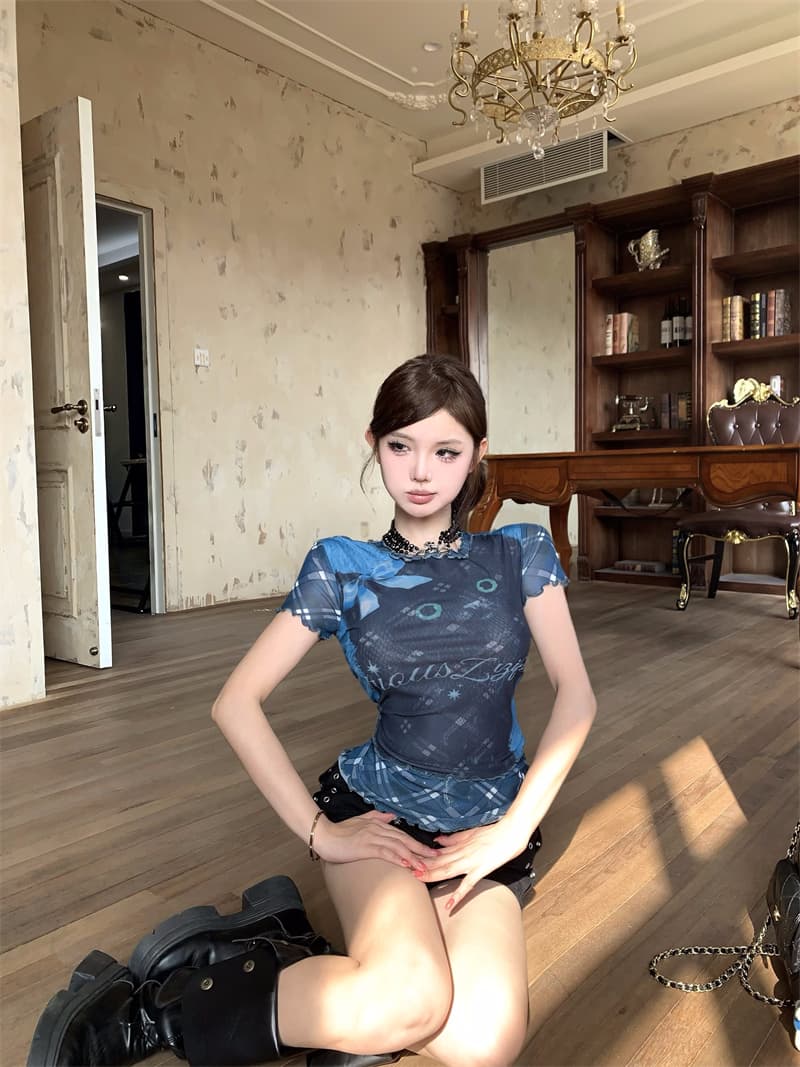 실사 정가 핫걸 슬림해 보이는 페이크 레이어드 고양이 프린트 망사 파란색 반팔 맨위 상세 이미지 4