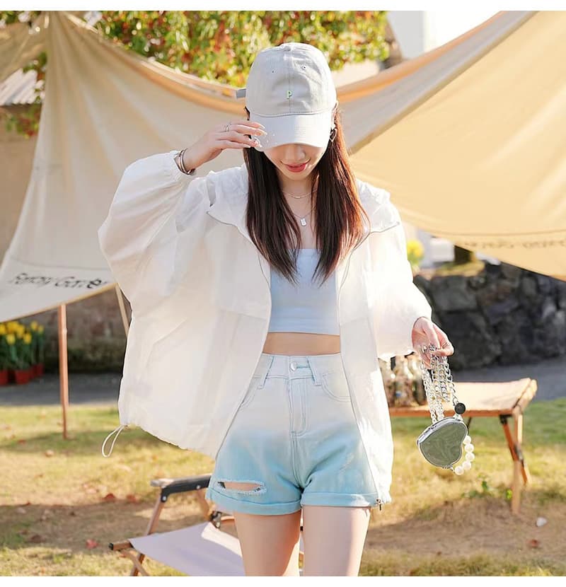 루즈핏 편안함 자외선 차단 의류 여성 짧은 얇고 가벼운 통기성 여름 재킷 태양 보호 셔츠 루즈핏 후드 햇빛 가리개 자외선 차단 복 상세 이미지 4
