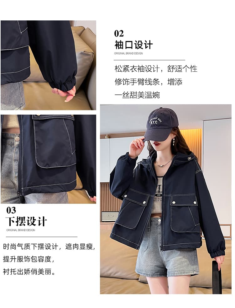 실사 워크웨어 재킷 여성 코트 트렌디 섹션 긴팔 후드 더블 포켓 패션 다용도 캐주얼 외국 가스 짧은 겉옷 상세 이미지 7