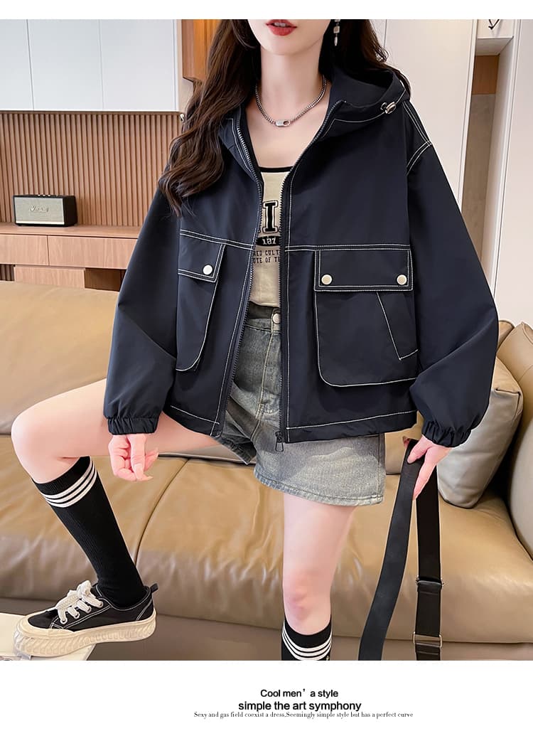 실사 워크웨어 재킷 여성 코트 트렌디 섹션 긴팔 후드 더블 포켓 패션 다용도 캐주얼 외국 가스 짧은 겉옷 상세 이미지 12