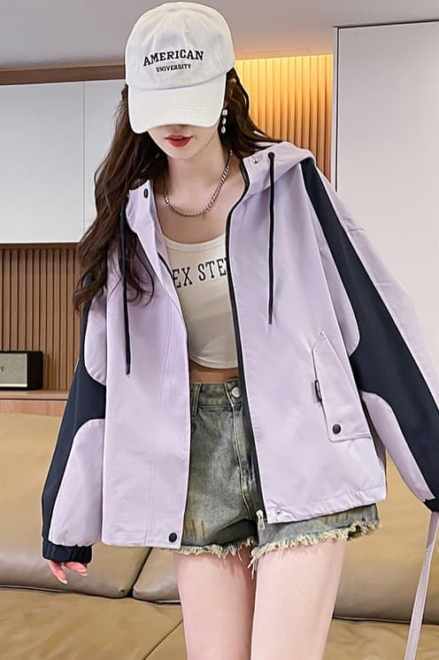 실사 재고 상품 배색 자켓 여자 이른 가을 짧은 외투 2025 새로운 가을 캐주얼 후드 워크웨어 재킷 이미지 6