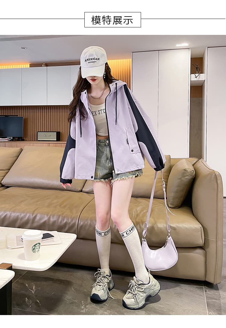 실사 재고 상품 배색 자켓 여자 이른 가을 짧은 외투 2025 새로운 가을 캐주얼 후드 워크웨어 재킷 상세 이미지 10