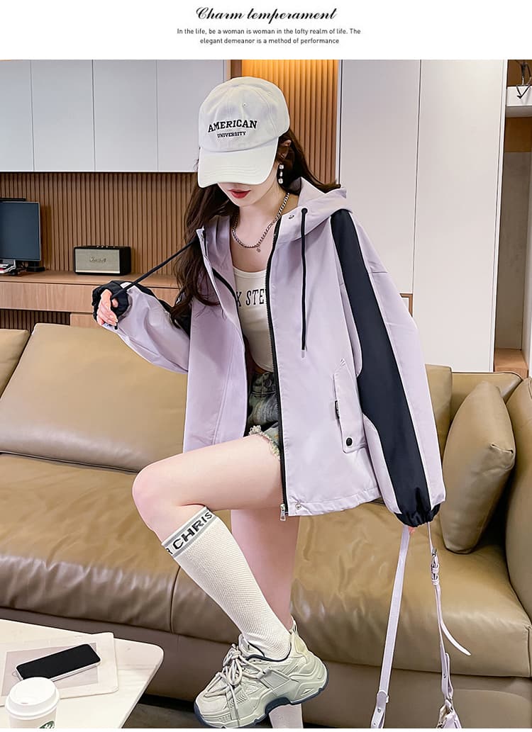 실사 재고 상품 배색 자켓 여자 이른 가을 짧은 외투 2025 새로운 가을 캐주얼 후드 워크웨어 재킷 상세 이미지 11