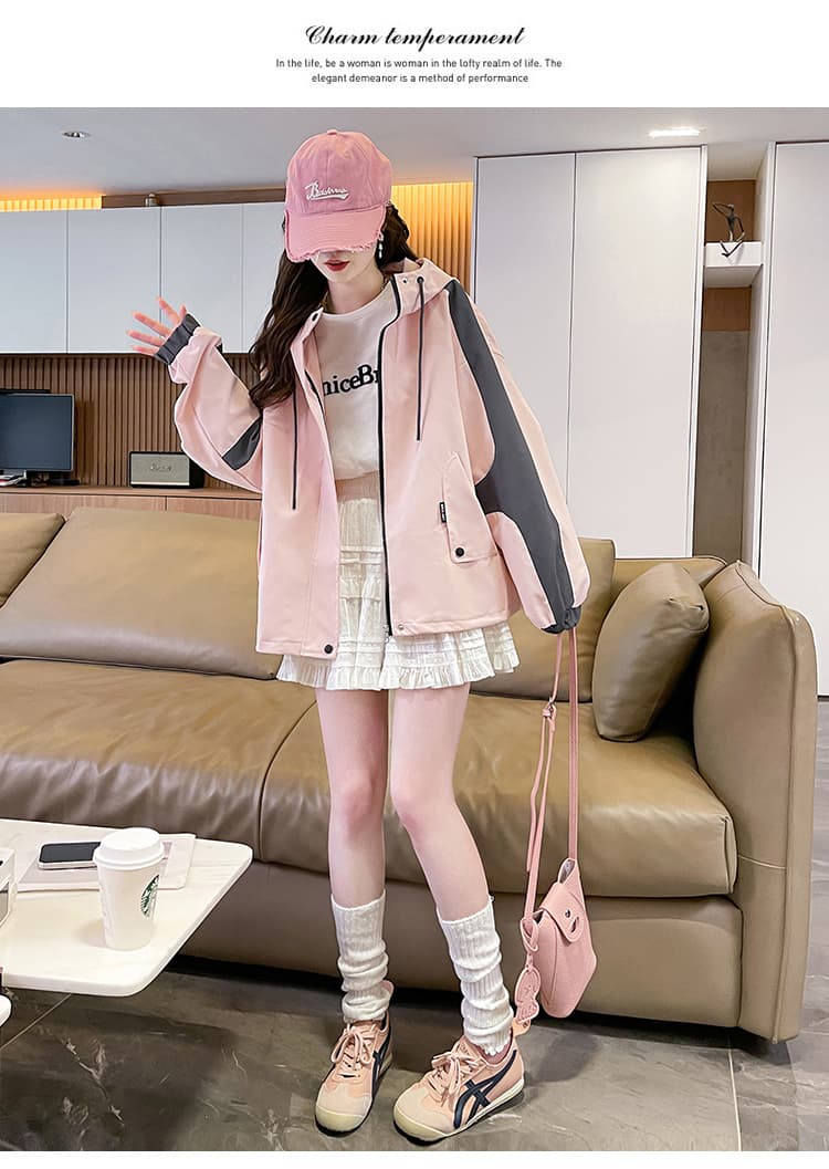 실사 재고 상품 배색 자켓 여자 이른 가을 짧은 외투 2025 새로운 가을 캐주얼 후드 워크웨어 재킷 상세 이미지 18