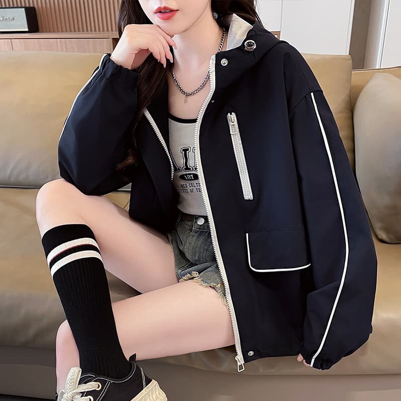 실사 패션 후드 패치워크 색상 여성 코트 봄 가을 새로운 루즈핏 캐주얼 작은 키 쇼트 스타일 바람막이 재킷