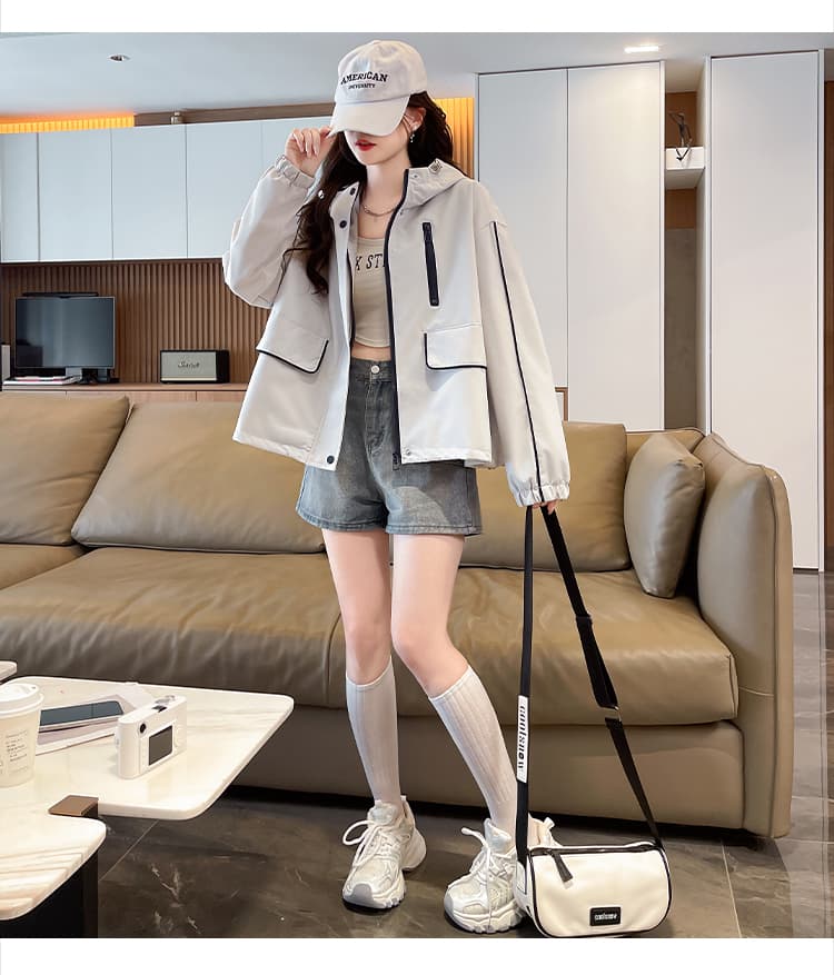 실사 패션 후드 패치워크 색상 여성 코트 봄 가을 새로운 루즈핏 캐주얼 작은 키 쇼트 스타일 바람막이 재킷 상세 이미지 11