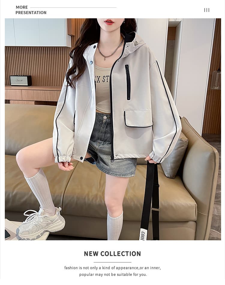 실사 패션 후드 패치워크 색상 여성 코트 봄 가을 새로운 루즈핏 캐주얼 작은 키 쇼트 스타일 바람막이 재킷 상세 이미지 15