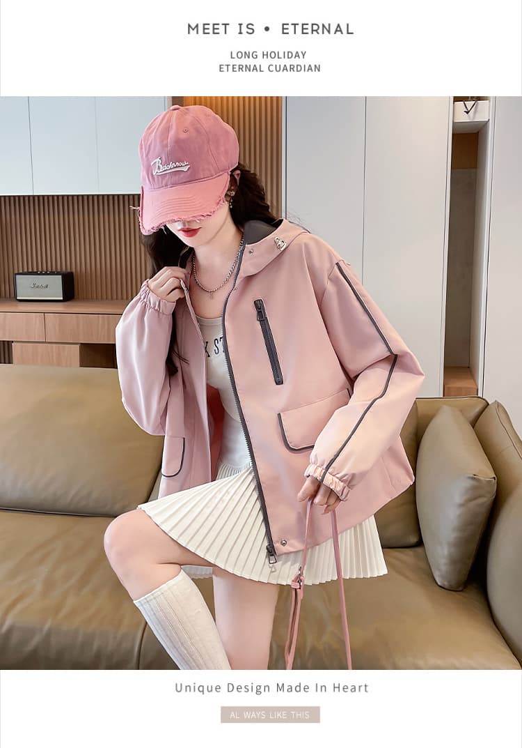실사 패션 후드 패치워크 색상 여성 코트 봄 가을 새로운 루즈핏 캐주얼 작은 키 쇼트 스타일 바람막이 재킷 상세 이미지 21