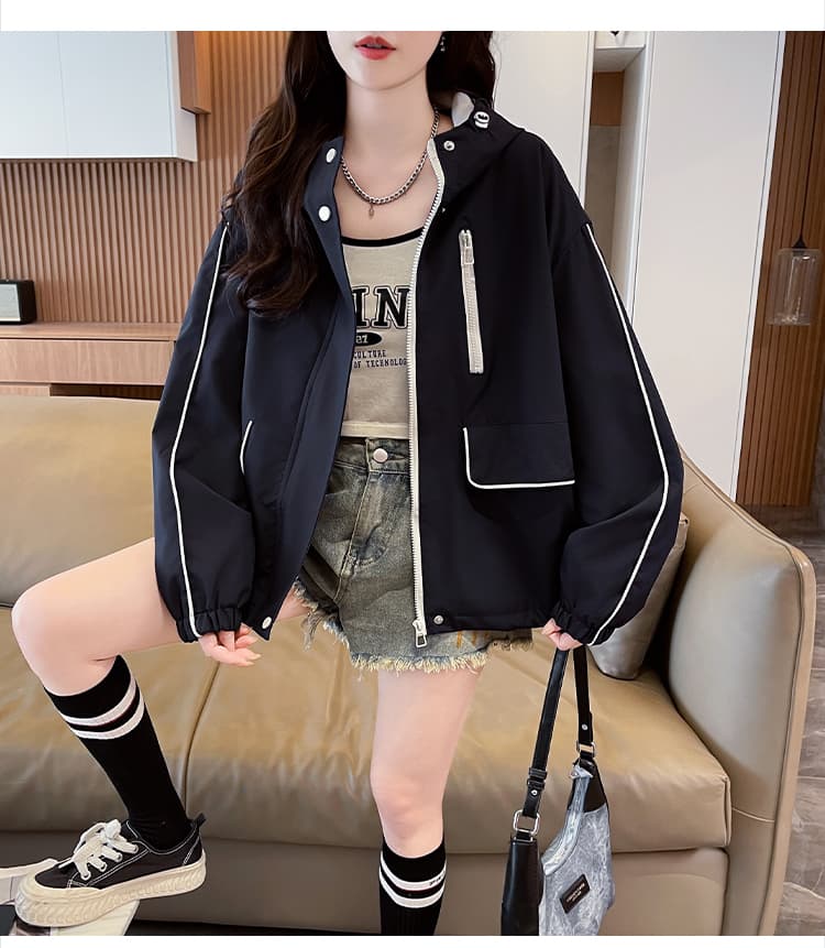 실사 패션 후드 패치워크 색상 여성 코트 봄 가을 새로운 루즈핏 캐주얼 작은 키 쇼트 스타일 바람막이 재킷 상세 이미지 30