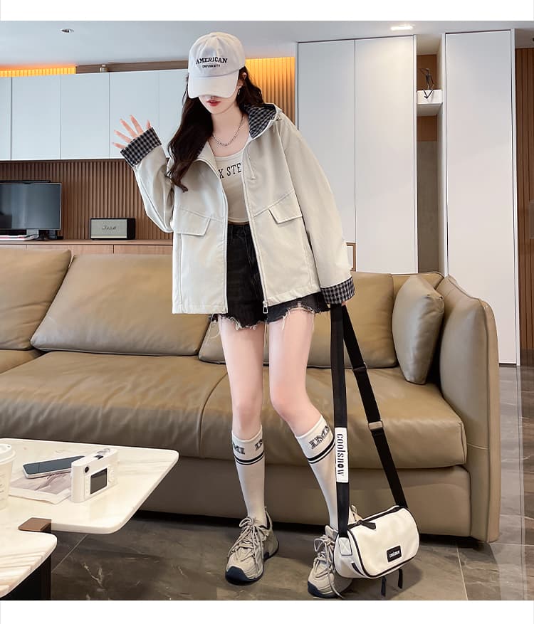 실사 패션 후드 패치워크 색상 여성 코트 봄 가을 새로운 루즈핏 캐주얼 작은 키 쇼트 스타일 바람막이 재킷 상세 이미지 13