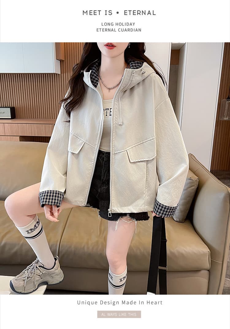 실사 패션 후드 패치워크 색상 여성 코트 봄 가을 새로운 루즈핏 캐주얼 작은 키 쇼트 스타일 바람막이 재킷 상세 이미지 15