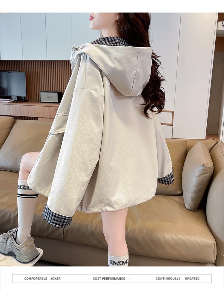 실사 패션 후드 패치워크 색상 여성 코트 봄 가을 새로운 루즈핏 캐주얼 작은 키 쇼트 스타일 바람막이 재킷 상세 이미지 18