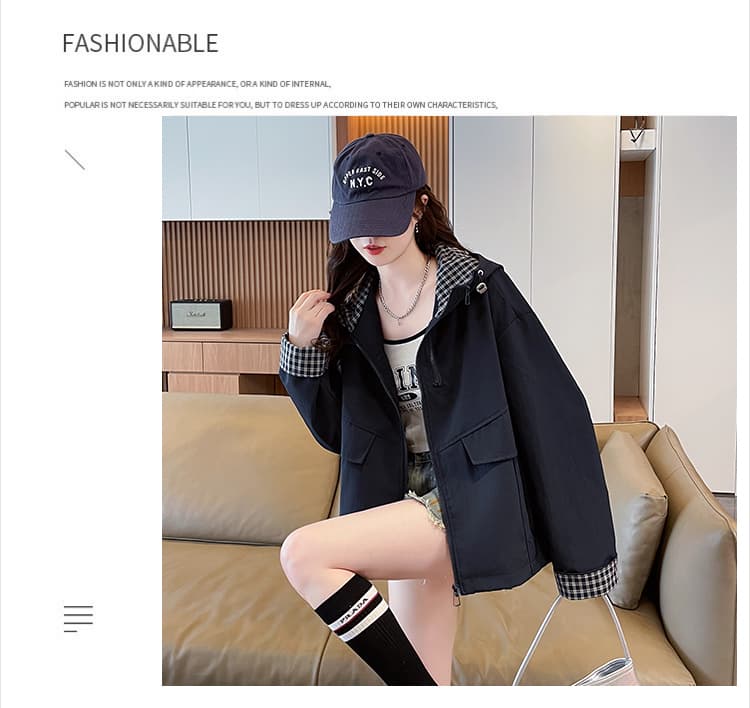 실사 패션 후드 패치워크 색상 여성 코트 봄 가을 새로운 루즈핏 캐주얼 작은 키 쇼트 스타일 바람막이 재킷 상세 이미지 22