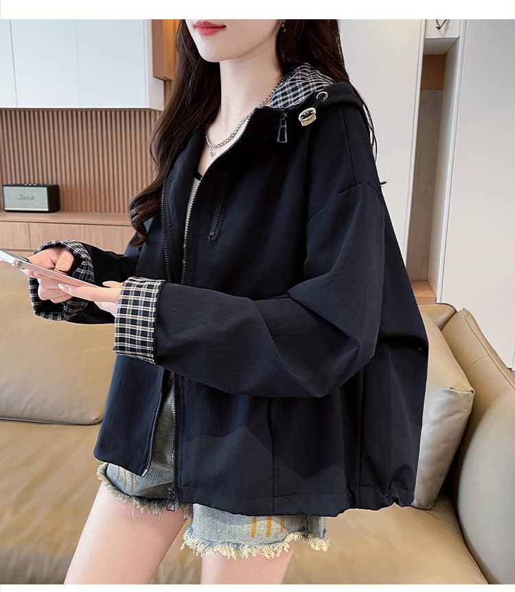 실사 패션 후드 패치워크 색상 여성 코트 봄 가을 새로운 루즈핏 캐주얼 작은 키 쇼트 스타일 바람막이 재킷 상세 이미지 24