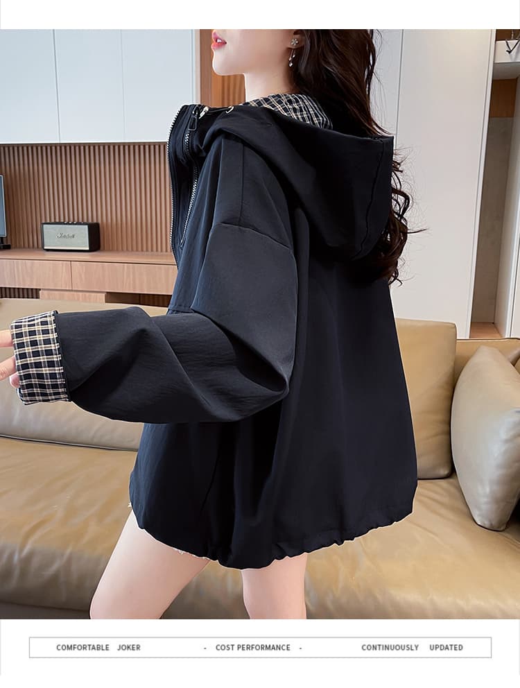 실사 패션 후드 패치워크 색상 여성 코트 봄 가을 새로운 루즈핏 캐주얼 작은 키 쇼트 스타일 바람막이 재킷 상세 이미지 26
