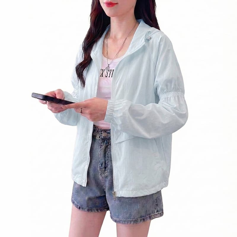 실사 후드 자외선 차단 의류 여름 새로운 루즈핏 통기성 펌프 로프 벌룬 소매 쇼트 스타일 캐주얼 얇은 스타일 다용도 재킷 이미지 5