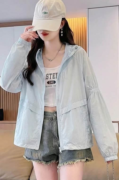 실사 후드 자외선 차단 의류 여름 새로운 루즈핏 통기성 펌프 로프 벌룬 소매 쇼트 스타일 캐주얼 얇은 스타일 다용도 재킷 이미지 6
