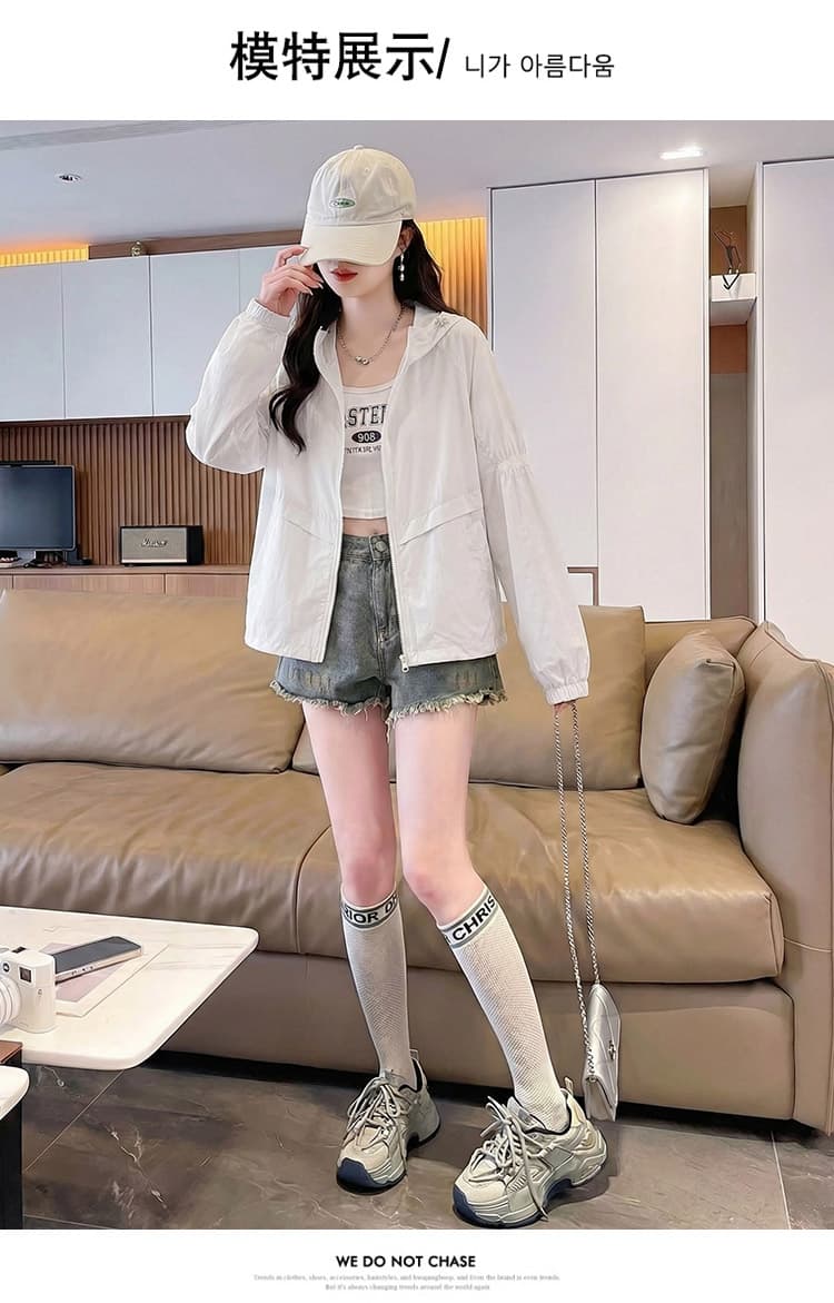 실사 후드 자외선 차단 의류 여름 새로운 루즈핏 통기성 펌프 로프 벌룬 소매 쇼트 스타일 캐주얼 얇은 스타일 다용도 재킷 상세 이미지 8
