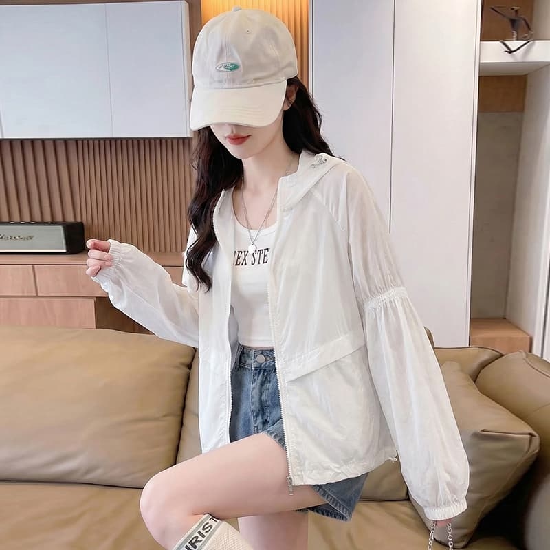 실사 후드 자외선 차단 의류 여름 새로운 루즈핏 통기성 펌프 로프 벌룬 소매 쇼트 스타일 캐주얼 얇은 스타일 다용도 재킷 이미지 2