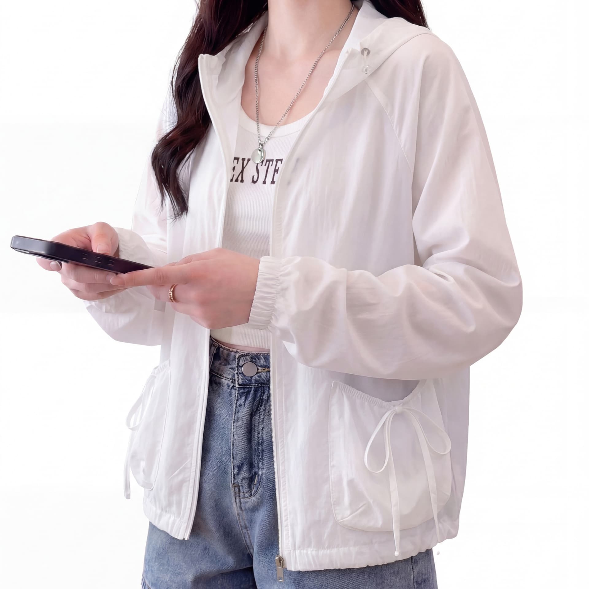 실사 여름 새로운 후드 자외선 차단 의류 여성 펌프 로프 허리 수축 통기성 얇은 스타일 자외선 차단 재킷 다용도 오픈 가디건 맨위 이미지 5