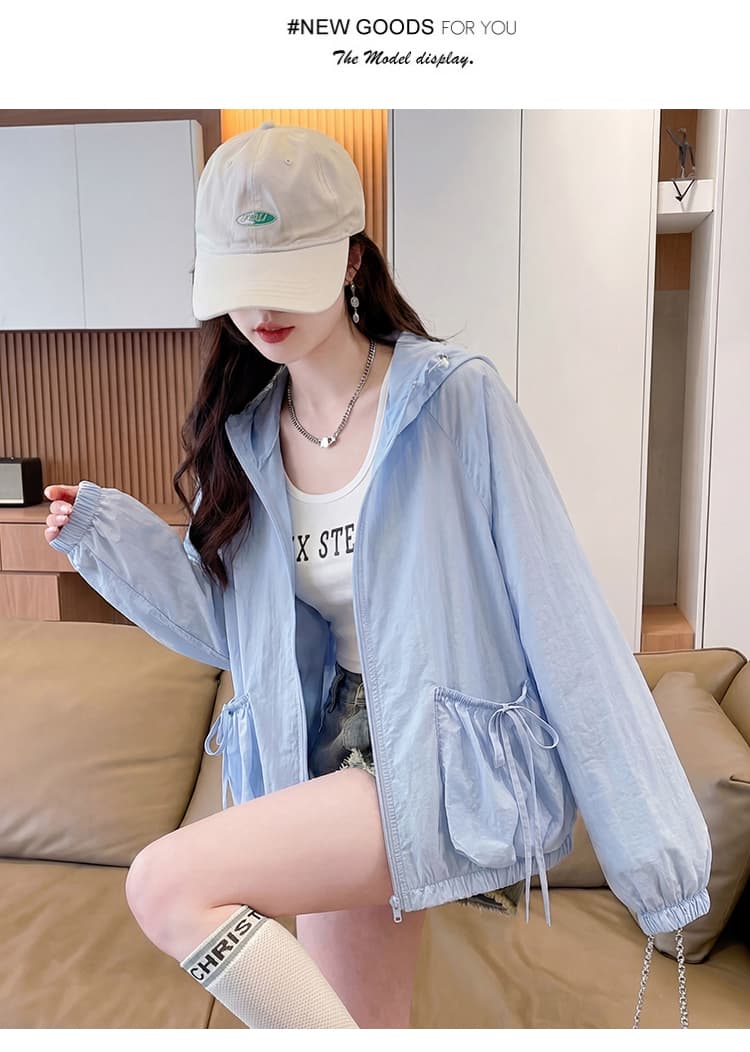 실사 여름 새로운 후드 자외선 차단 의류 여성 펌프 로프 허리 수축 통기성 얇은 스타일 자외선 차단 재킷 다용도 오픈 가디건 맨위 상세 이미지 12