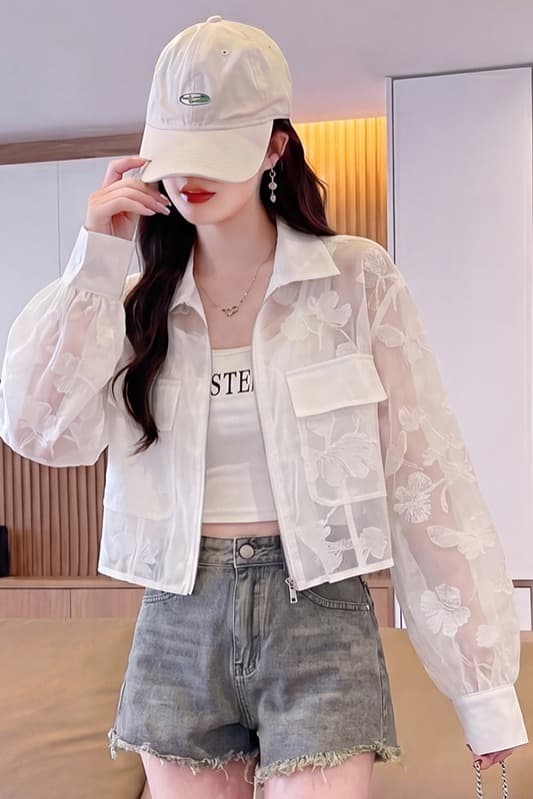 실사 3 차원 자카드 폴로 칼라 쇼트 스타일 디자인 시스루 셔츠 지퍼 자외선 차단 얇은 오픈 가디건 휴가 맨위 여성 여름 이미지 6